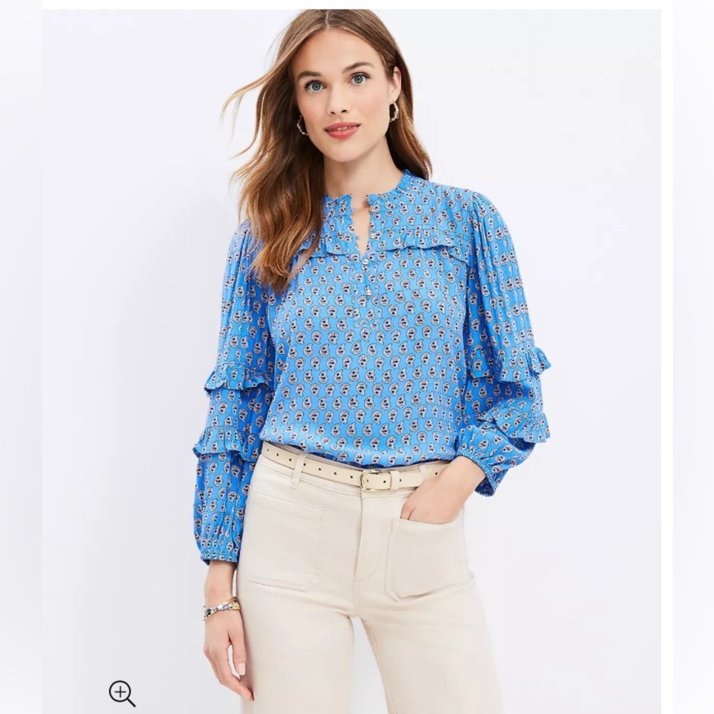 Loft Paisley Ruffle Button Blouse in Blue